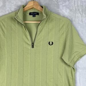 Fred Perry Zip Polo Shirt Men M Green Short Sleeve Mod Classic Breathable Preppy